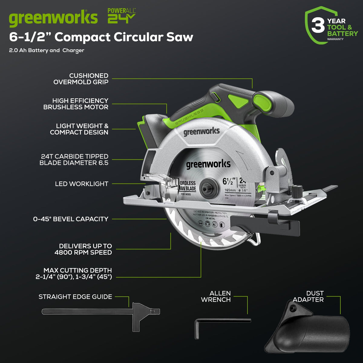 24V Cordless Battery†6.5'' Circular Saw: 2.0 Ah Battery and Charger