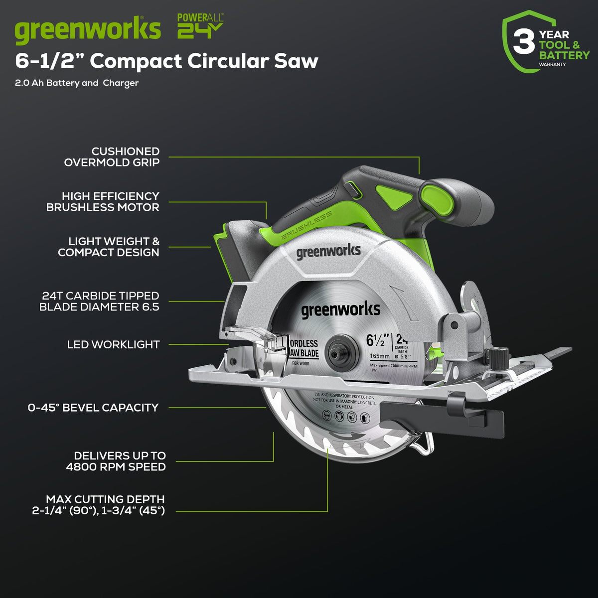 24V Brushless 1/2" 310 in/lbs Drill / Driver and 6.5" Circular Saw Combo Kit w/ (2) 2.0Ah Batteries and Charger