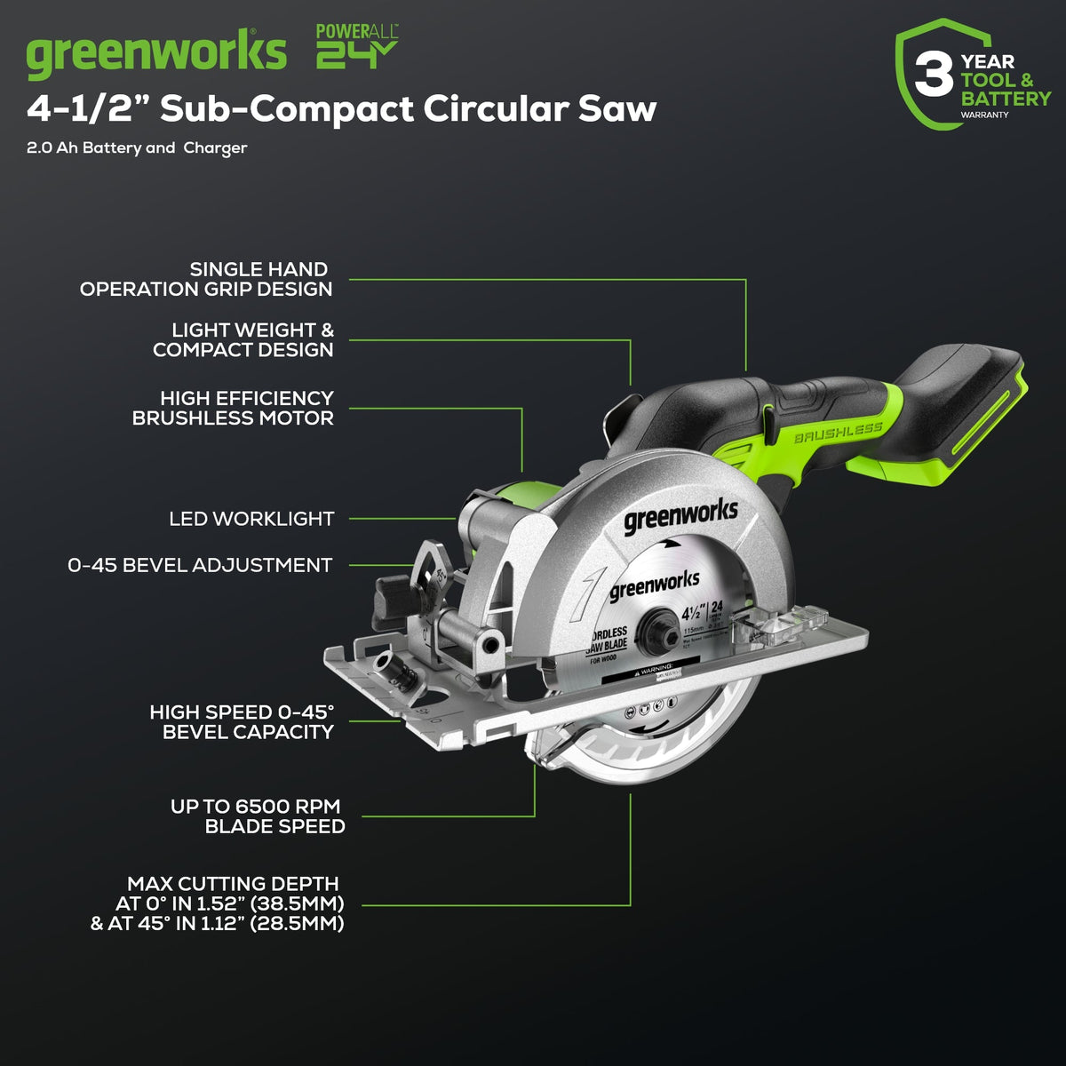 24V 4.5" Cordless Battery Mini Circular Saw (Tool Only)