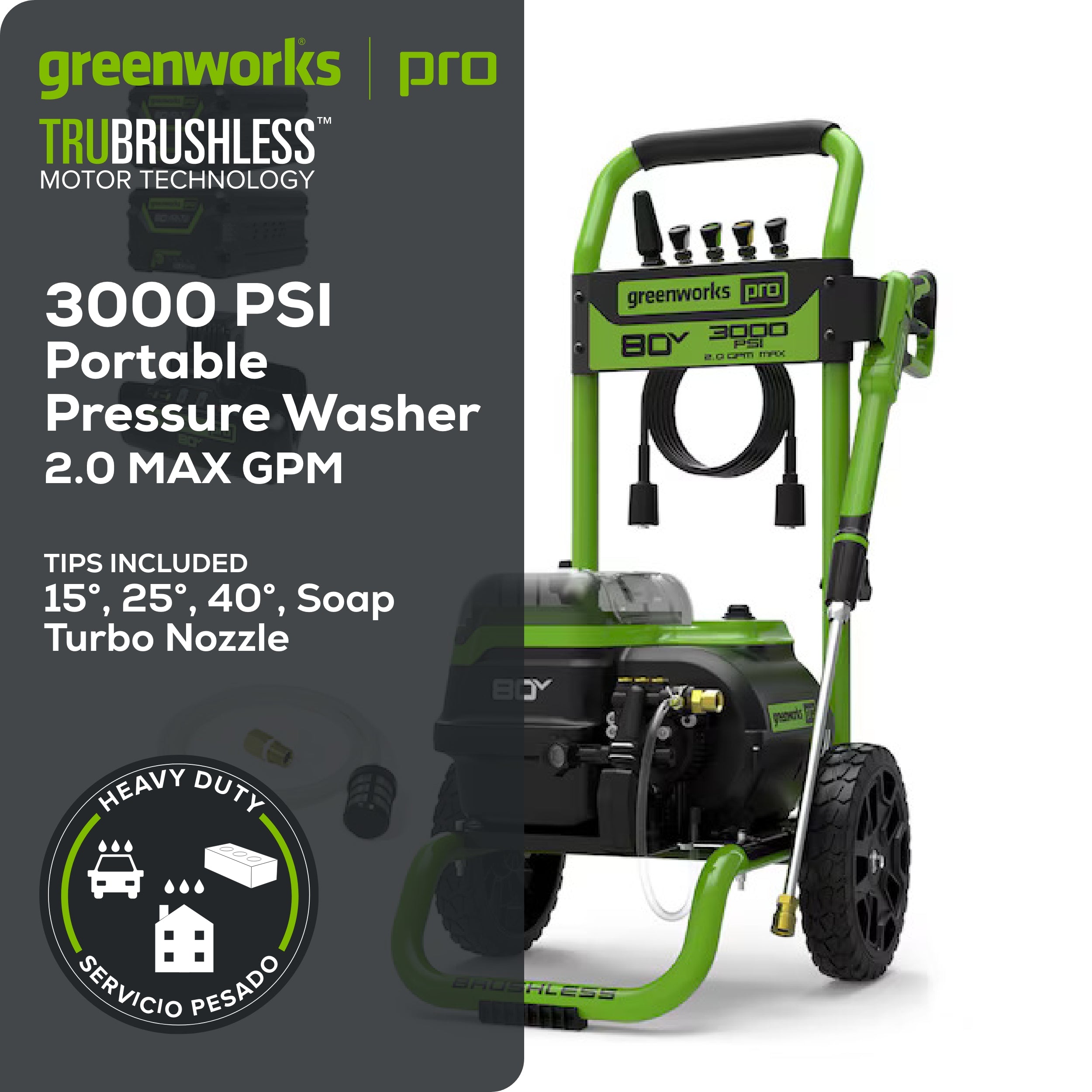 80V 3000-PSI 2.0 GPM Electric Pressure Washer w/ (2) 4.0Ah Batteries & Dual Port Charger