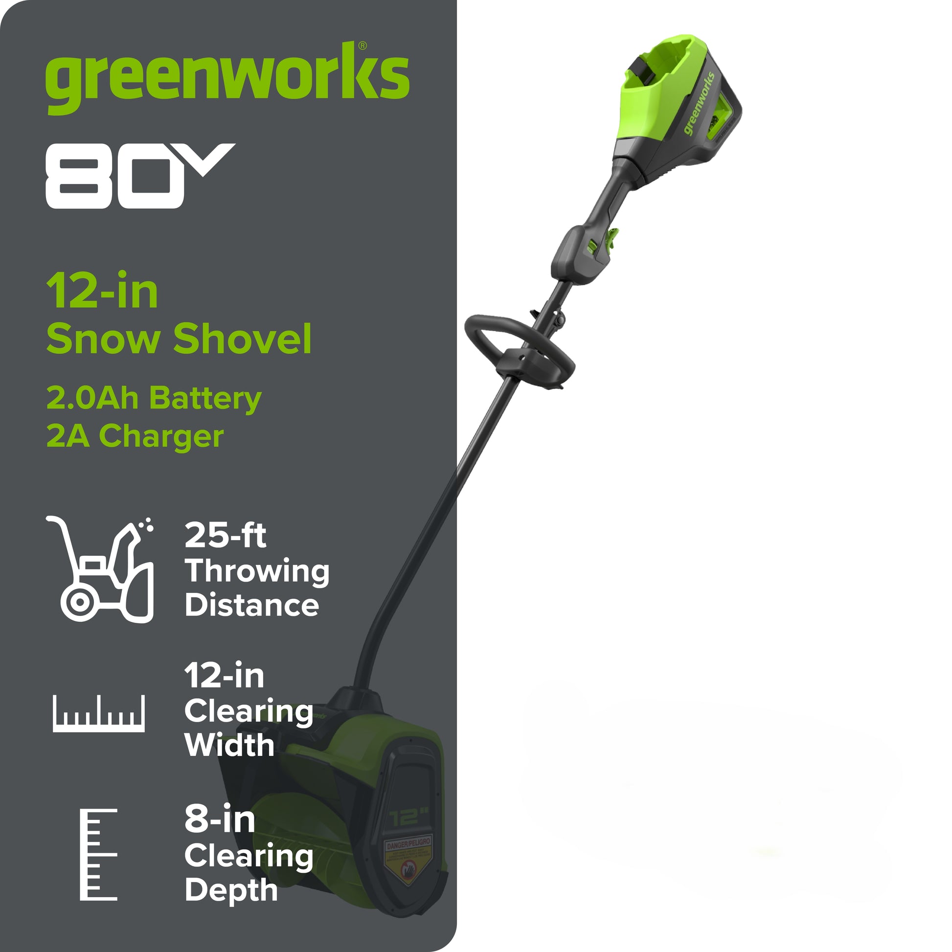 80V 12" Cordless Battery LED Snow Shovel w/ 2.0Ah Battery & Charger