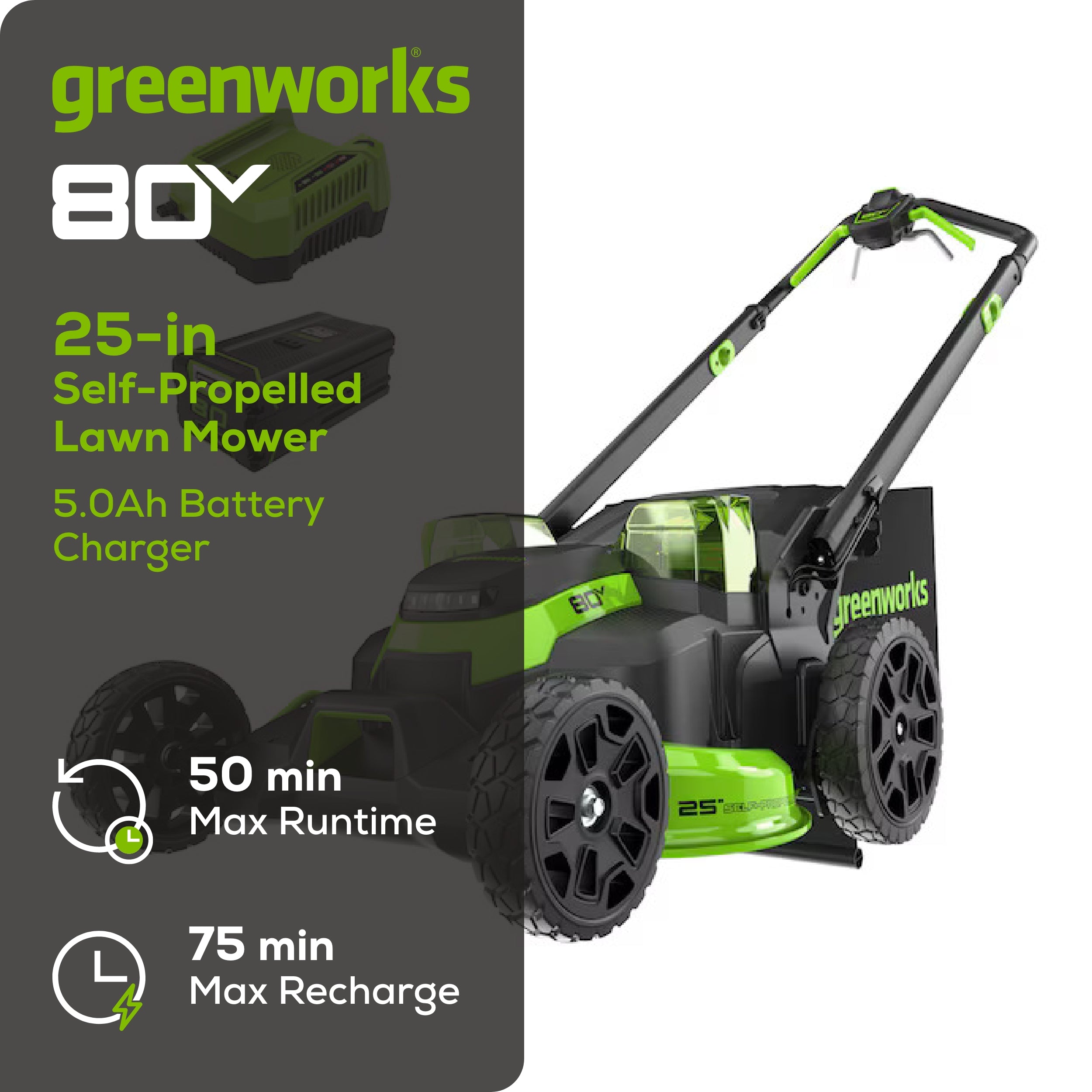 80V 25" Cordless Battery Dual Blade Self-Propelled Mower w/ 5.0Ah Battery & Rapid Charger