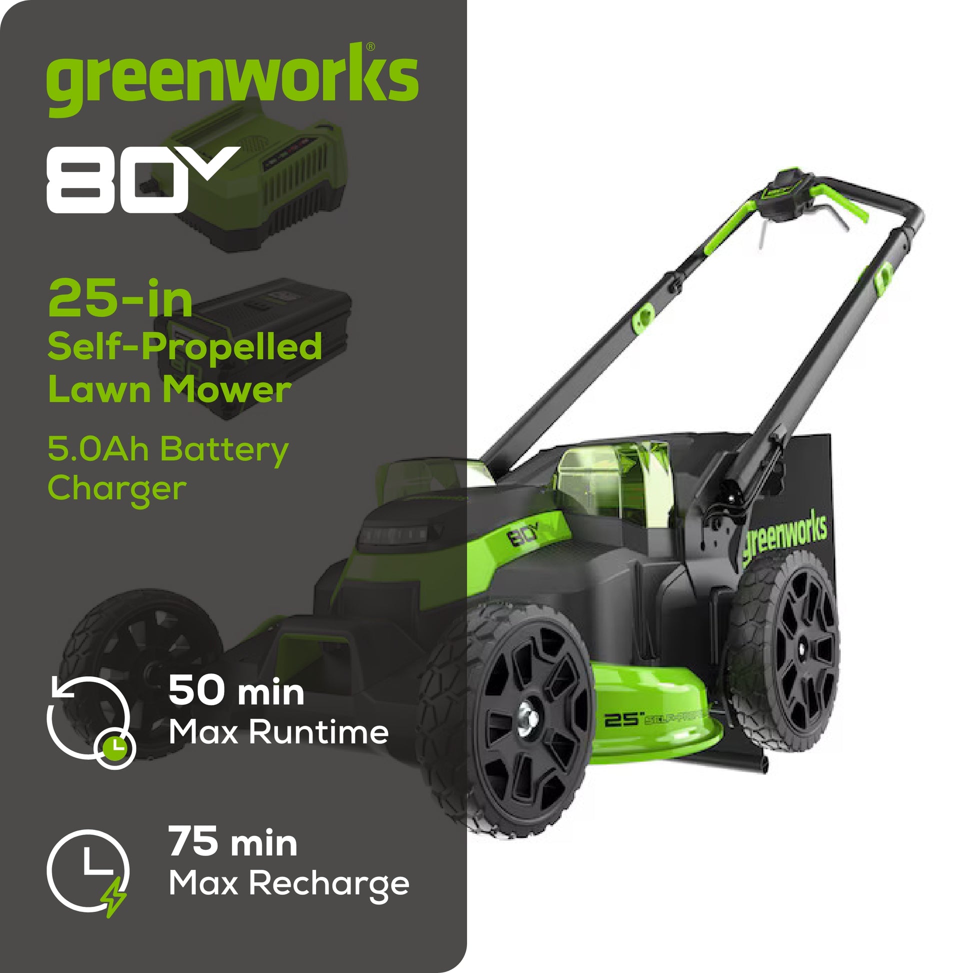 80V 25" Cordless Battery Dual Blade Self-Propelled Mower w/ 5.0Ah Battery & Rapid Charger