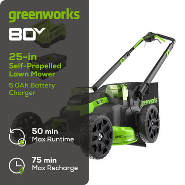 80V 25" Cordless Battery Dual Blade Self-Propelled Mower w/ 5.0Ah Battery & Rapid Charger