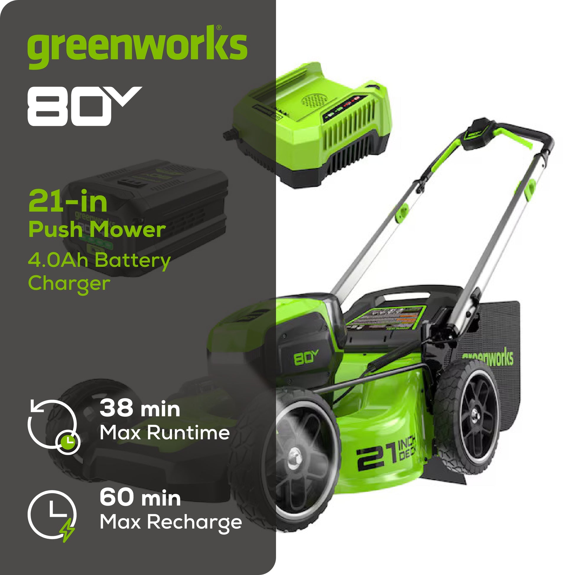 80V 21" Cordless Battery 4-in-1 Push Lawn Mower w/ 4.0Ah Battery & Charger