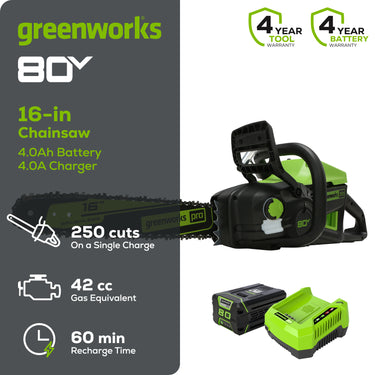 80V 16" 2.0kW Cordless Battery Chainsaw w/ 4.0 Ah Battery & Charger