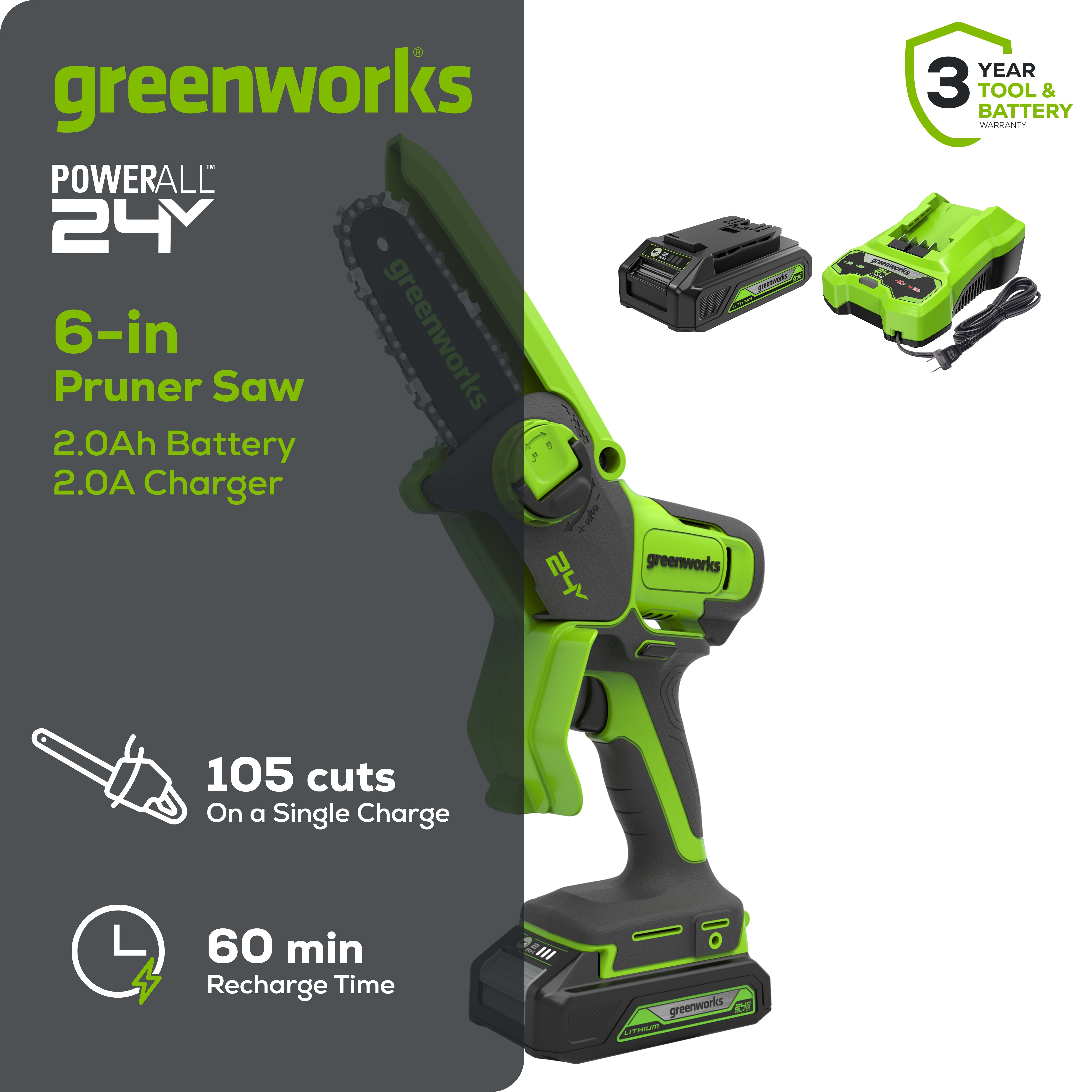 24V 6” Cordless Battery Brushless Pruner Saw w/ 2.0Ah Battery & Charger