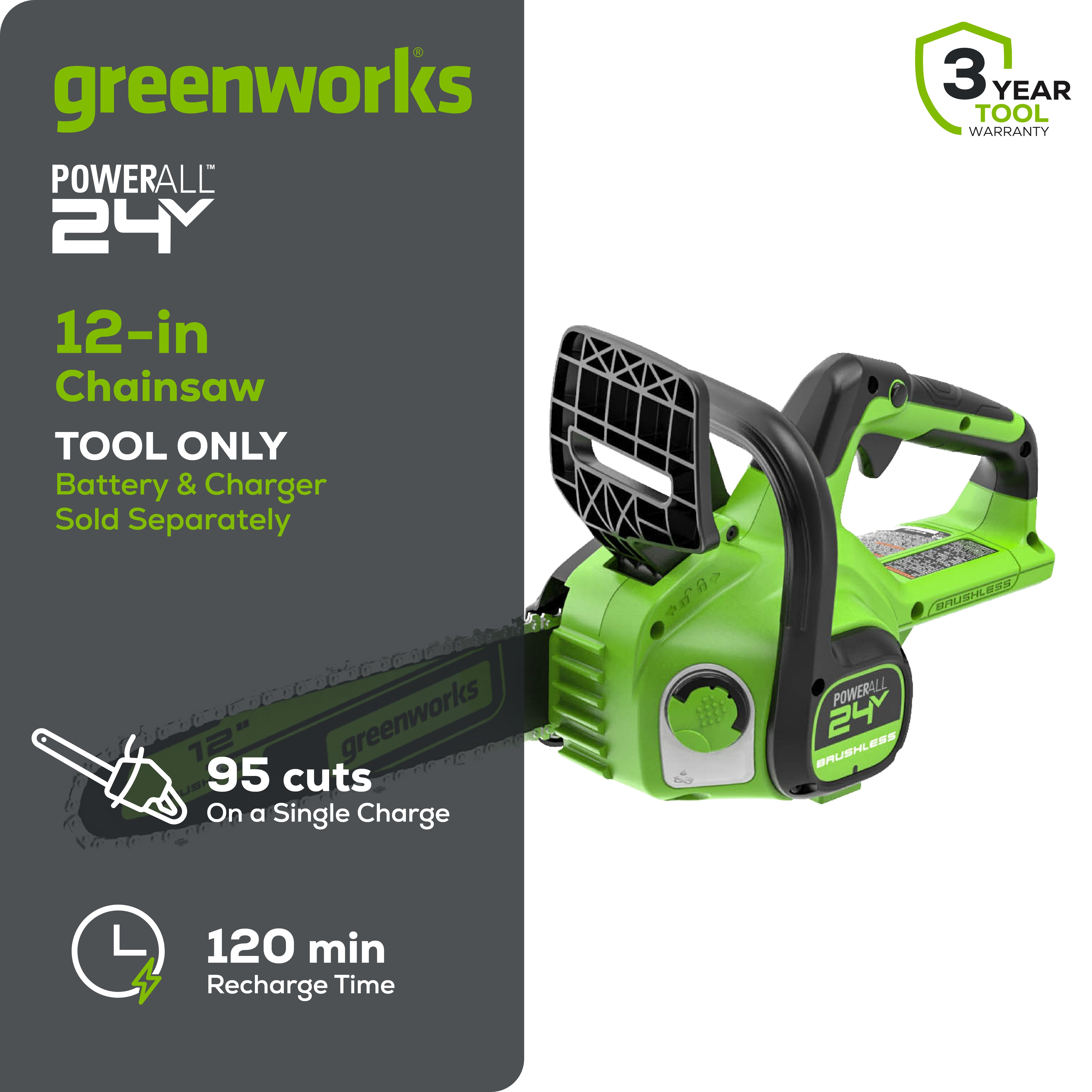 24V 12" Cordless Battery Chainsaw (Tool Only)