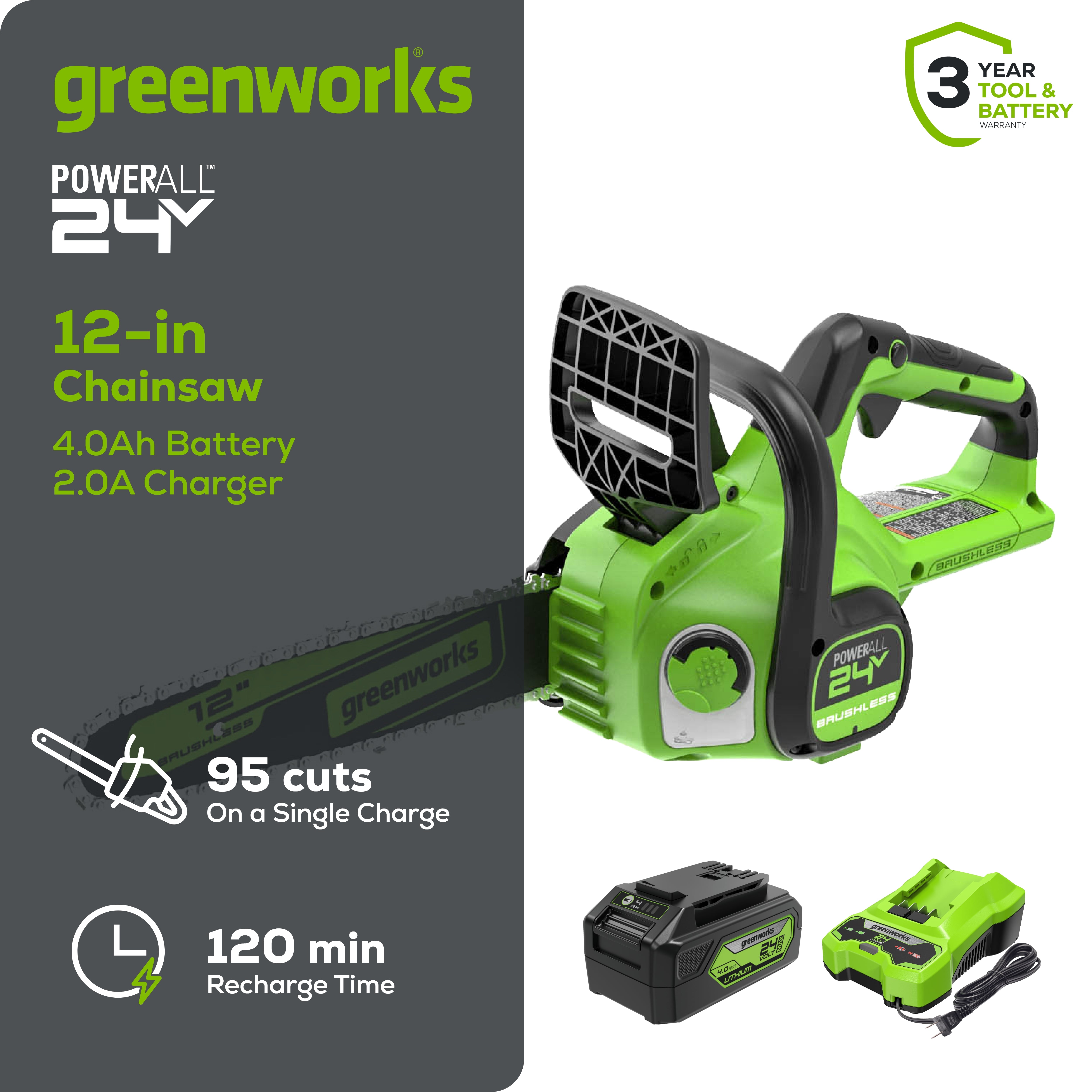 24V 12" Cordless Battery Chainsaw w/ 4.0Ah USB Battery & Charger