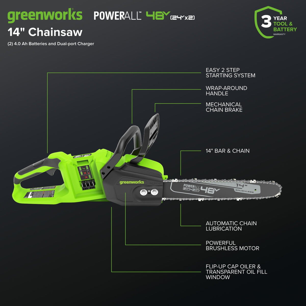 48V (24V x 2) 14" Cordless Battery Chainsaw: (2) 4.0 Ah USB Batteries and Dual-Port Charger
