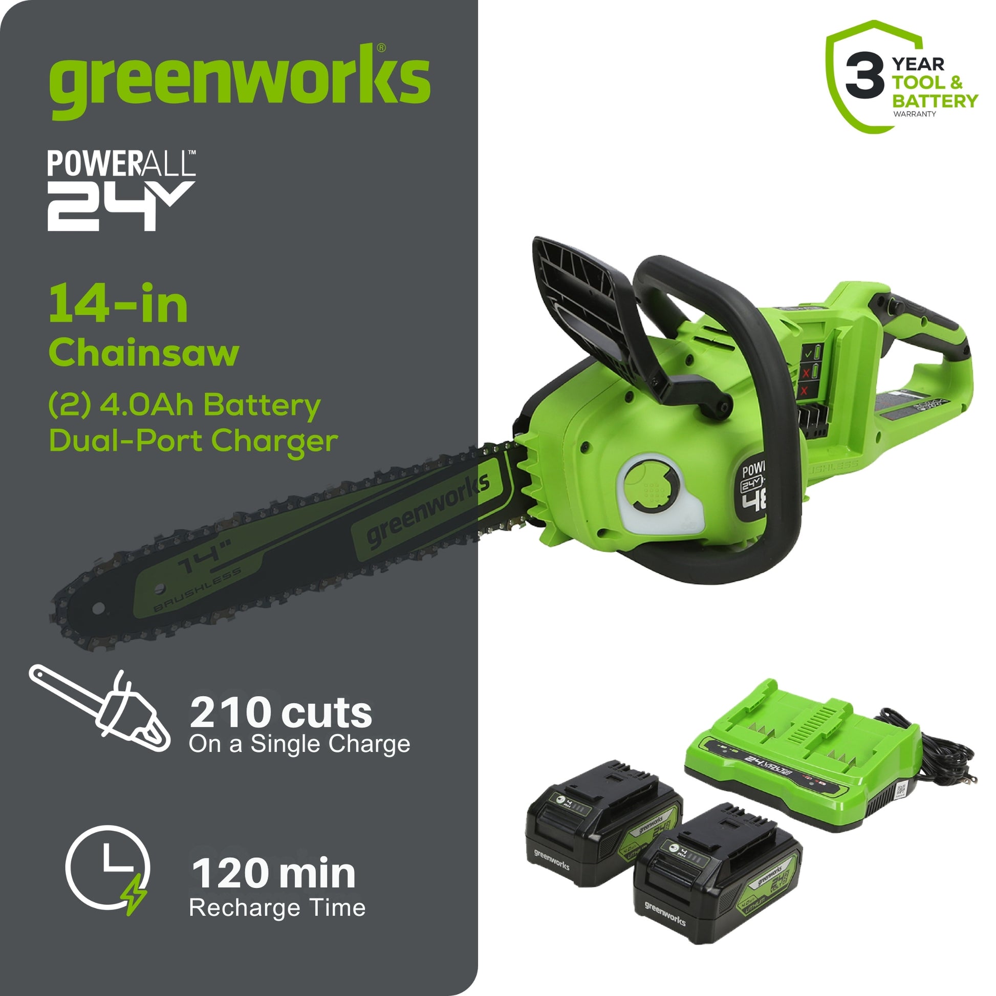 48V (24V x 2) 14" Cordless Battery Chainsaw w/ Two (2) 4.0 Ah USB Batteries & Dual Port Charger