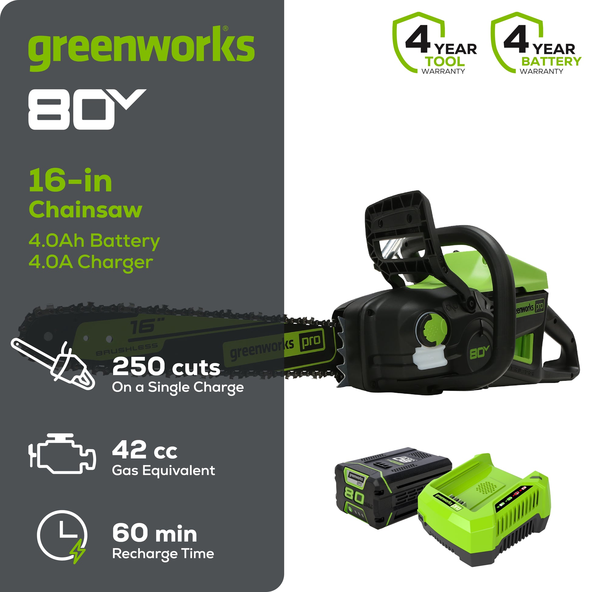 80V 16" 2.0kW Cordless Battery Chainsaw (Tool Only)