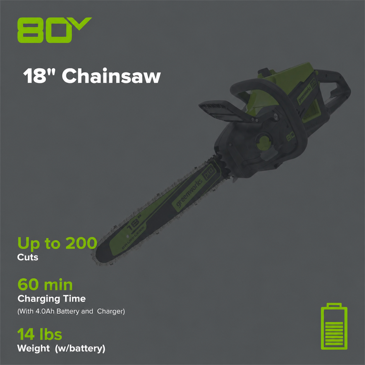 80V 18" Cordless Battery 2.5kW Chainsaw (Tool-Only)