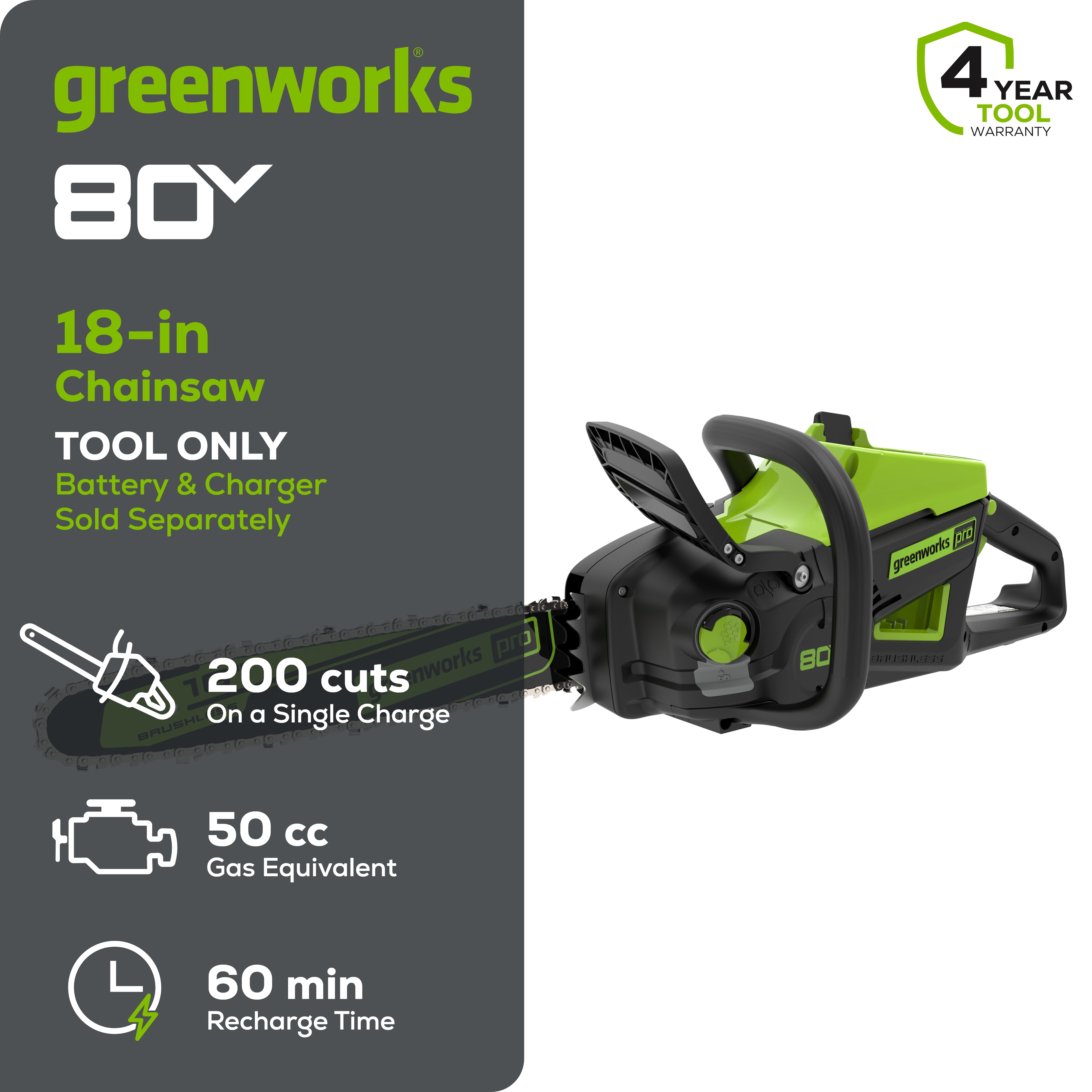 80V 18" Cordless Battery 2.5kW Chainsaw (Tool-Only)
