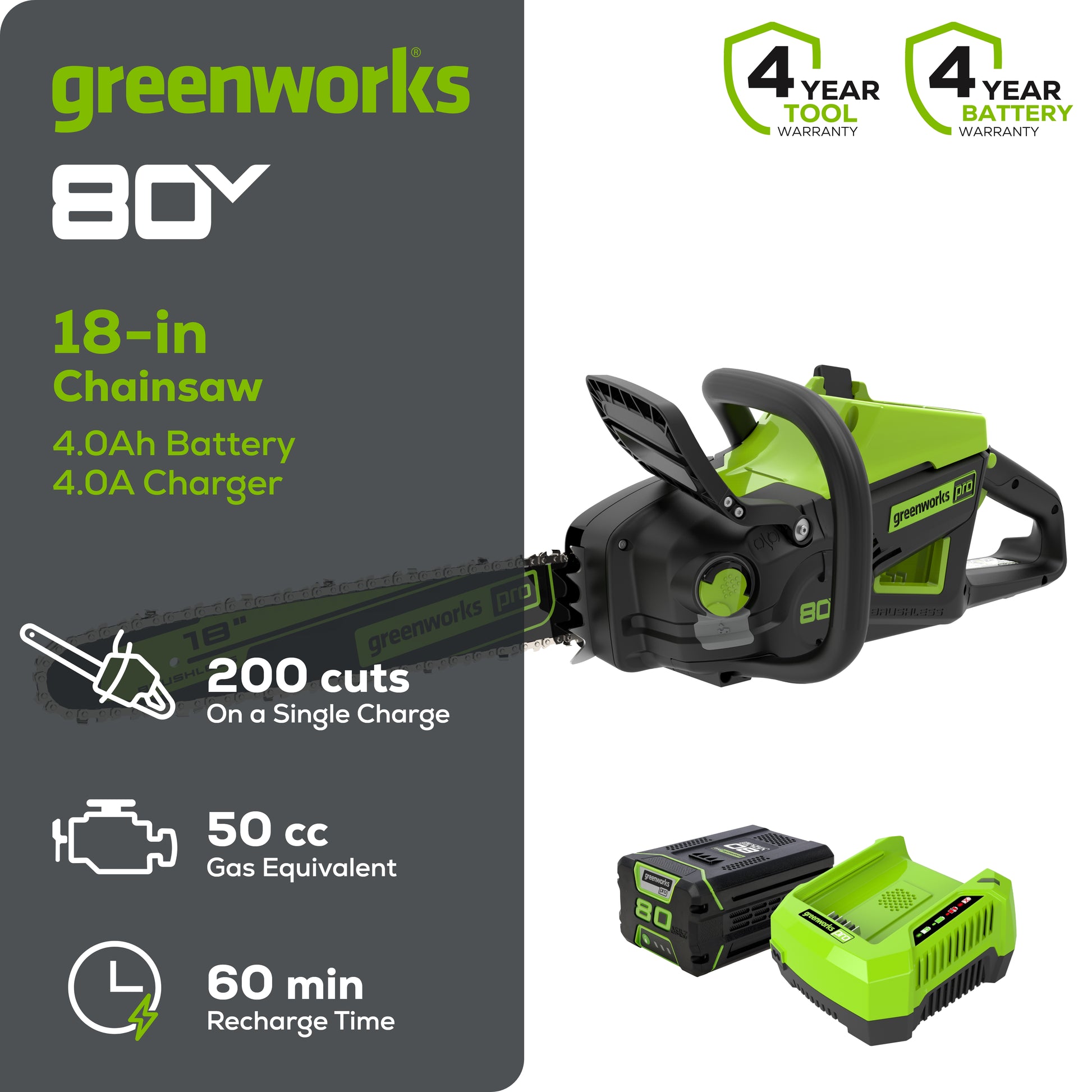 80V 18" Cordless Battery 2.5kW Chainsaw w/ 4.0Ah Battery & Rapid Charger