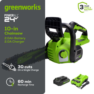 24V 10" Cordless Battery Chainsaw w/ 2.0Ah USB Battery & Charger