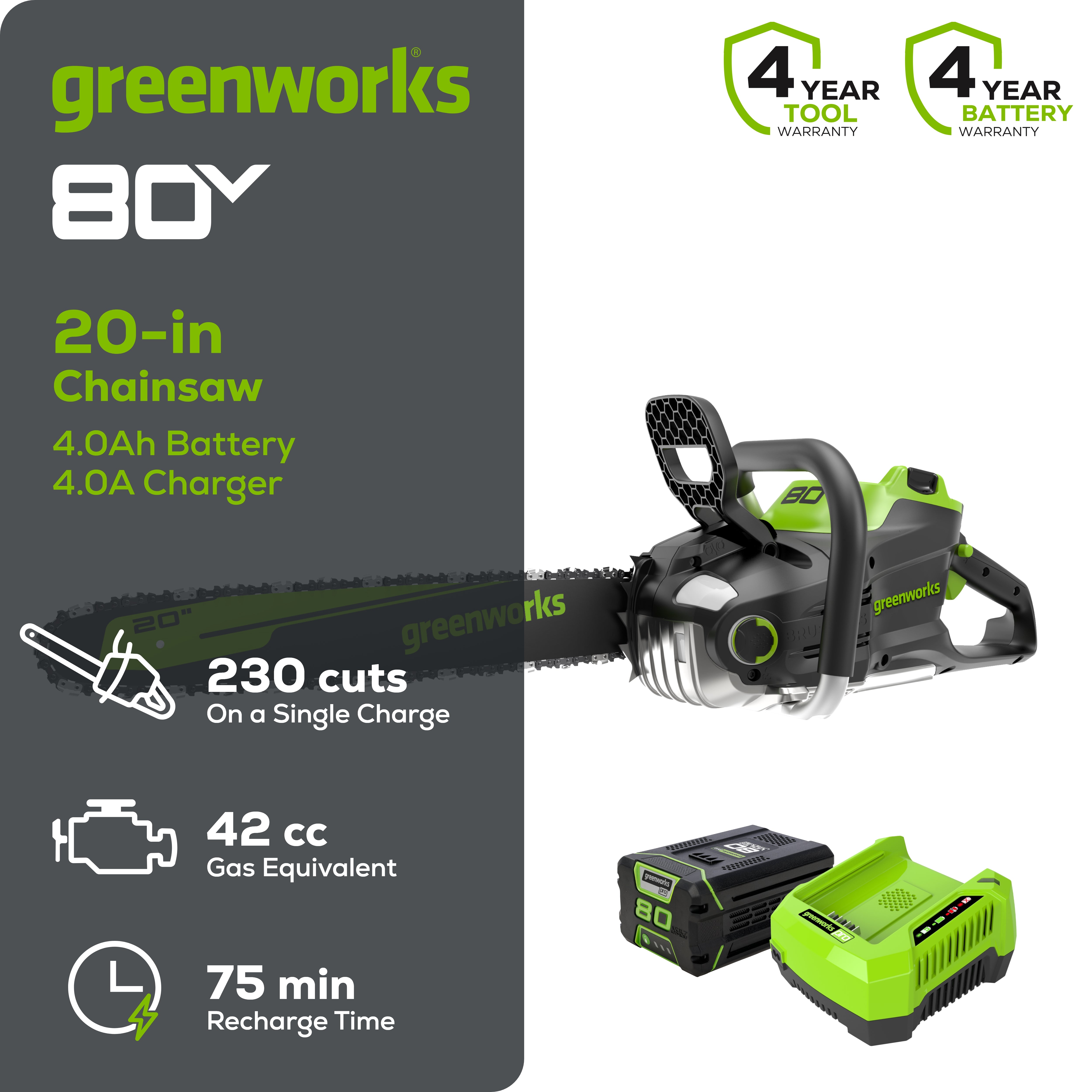 80V 20" Cordless Battery Chainsaw w/ 4.0Ah Battery & Charger