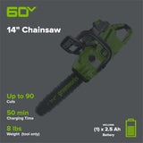 60V 14" Cordless Battery 1.2kW Chainsaw: 2.5 Ah Battery and 3A Charger