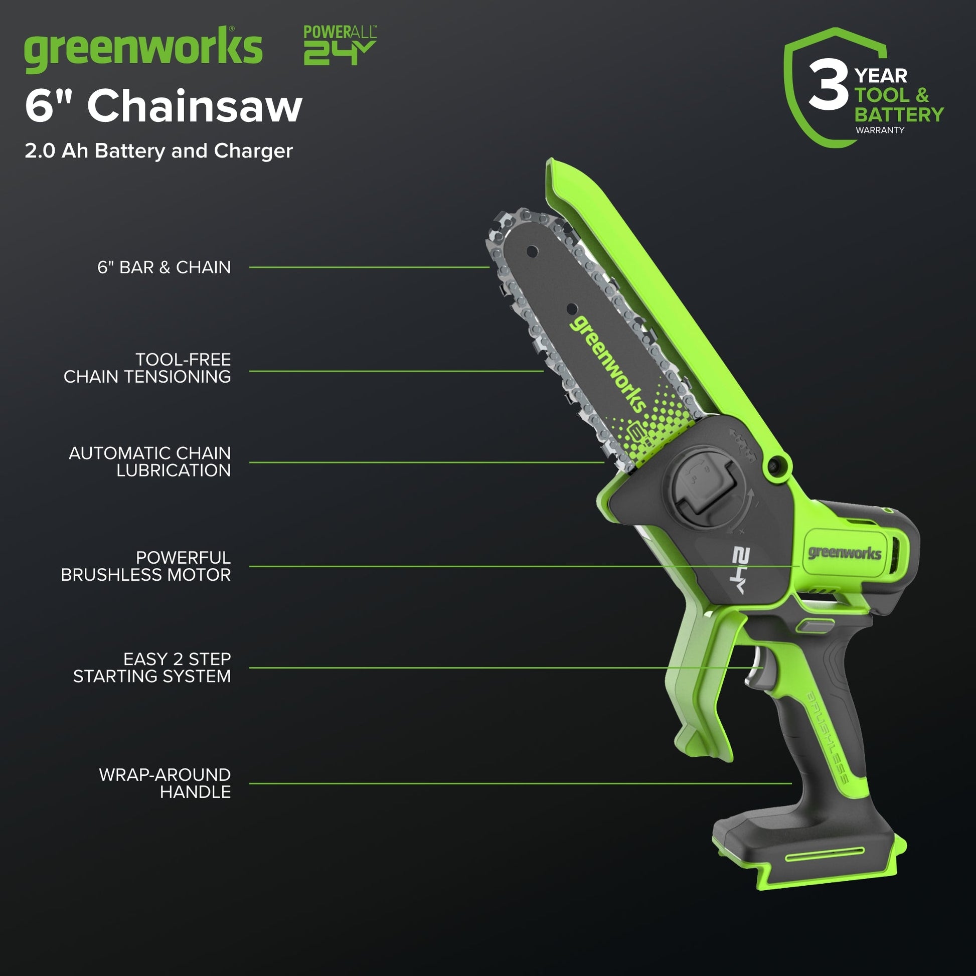 24V 6” Gen 2 Cordless Battery Brushless Pruner Saw w/ 2.0Ah Battery & 2A Charger