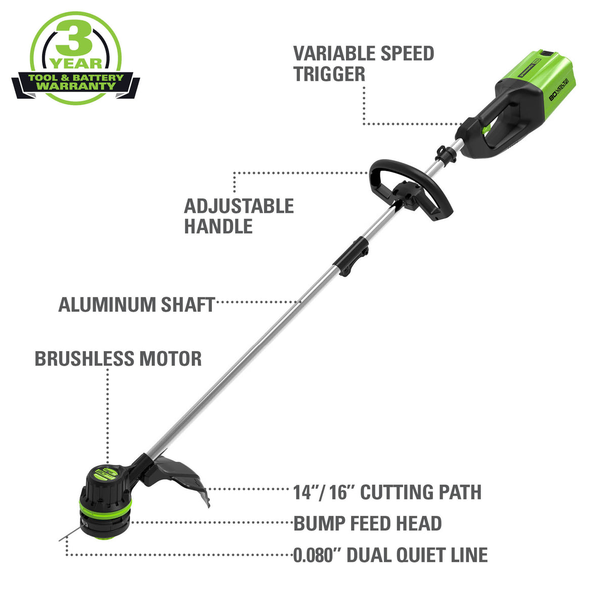 80V Cordless 16" Brushless String Trimmer( .08 line) w/ 2.0Ah Battery & Charger