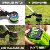 80V Cordless 16" Brushless String Trimmer( .08 line) w/ 2.0Ah Battery & Charger
