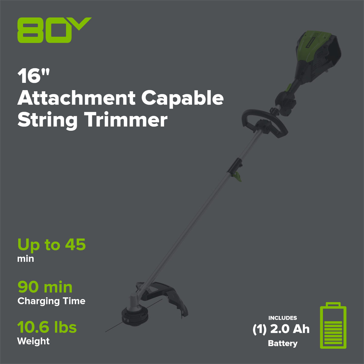 80V 16" Cordless Battery String Trimmer (Attachment Capable) w/ 2.0Ah Battery & Charger