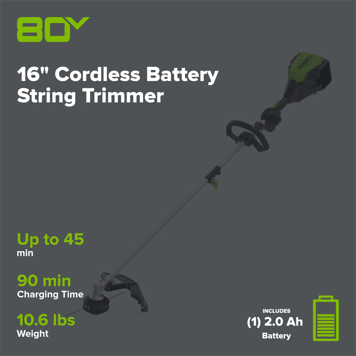 80V 16" Cordless Battery String Trimmer (Attachment Capable) w/ 2.0Ah Battery & Charger