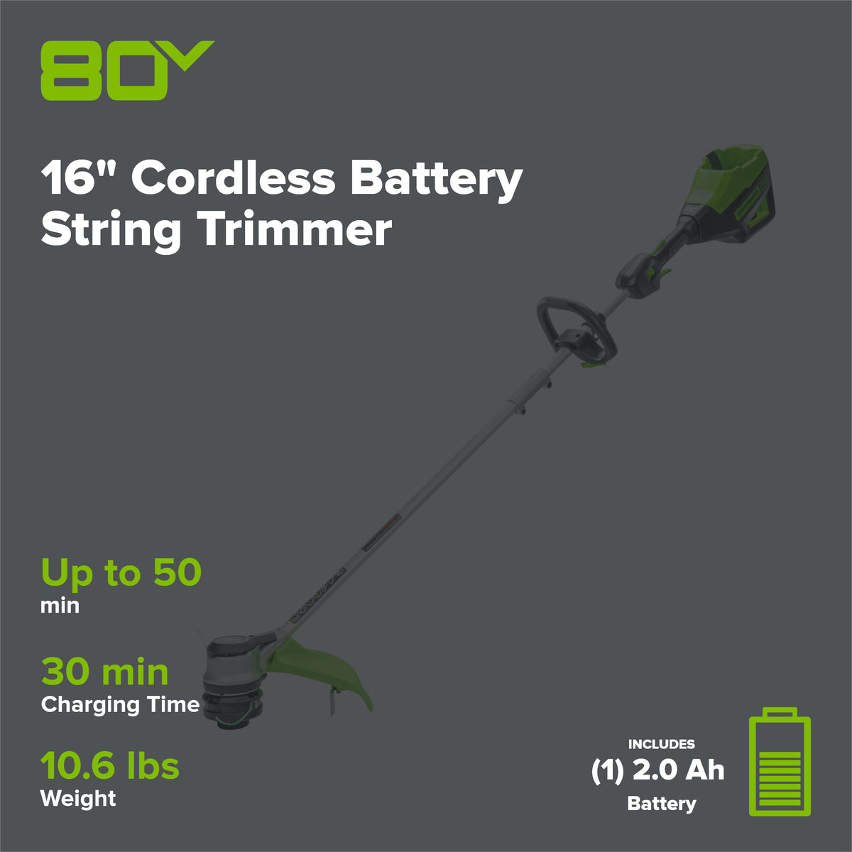 80V 16" Cordless Battery String Trimmer( .095 line) w/ 2.0 Ah Battery & 4.0Amp Charger