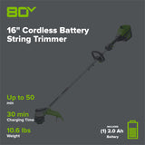 80V 16" Cordless Battery String Trimmer( .095 line) w/ 2.0 Ah Battery & 4.0Amp Charger