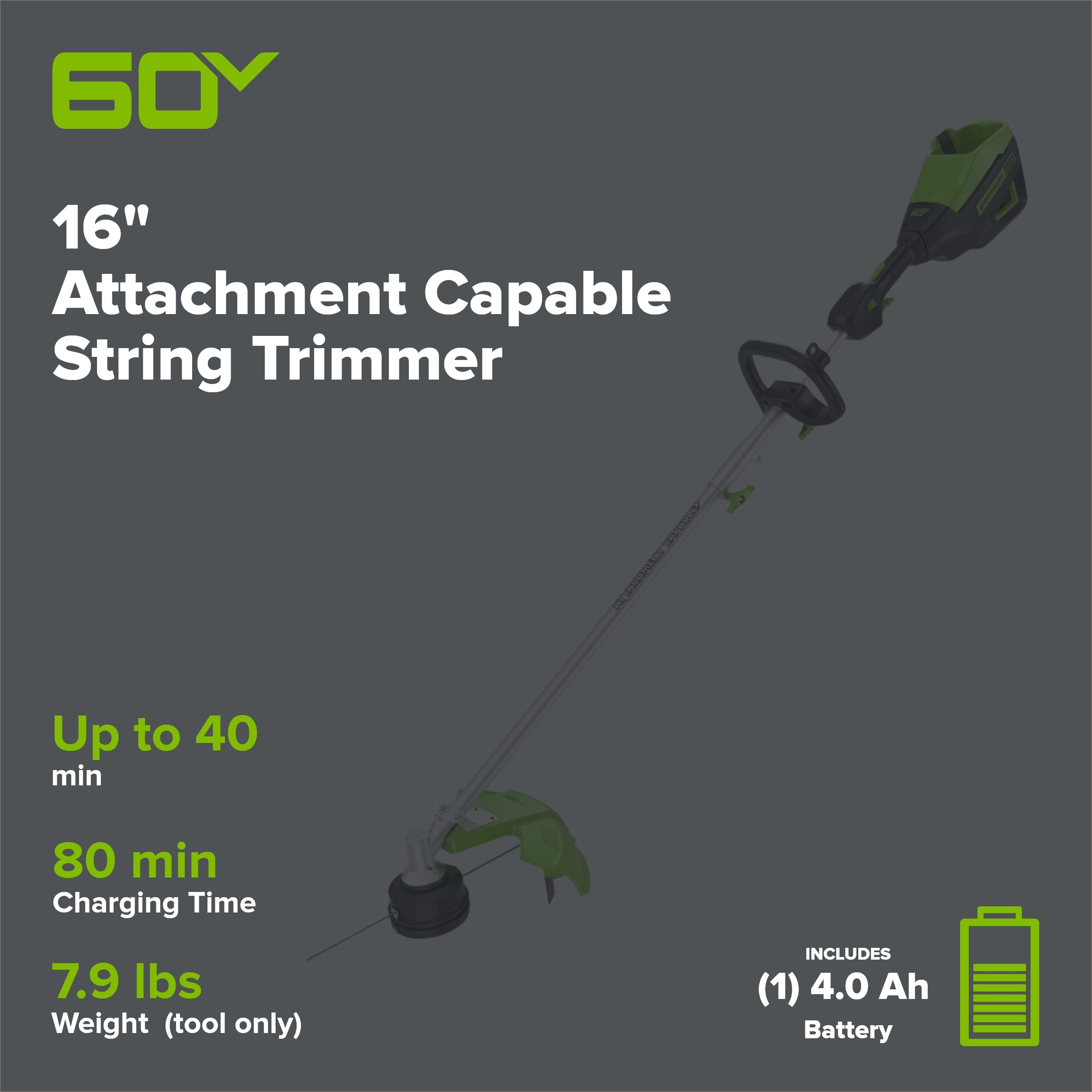 60V 16" Cordless Battery String Trimmer (Attachment Capable) w/ 4.0 Ah Battery & Charger