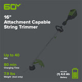 60V 16" Cordless Battery String Trimmer (Attachment Capable) w/ 4.0 Ah Battery & Charger