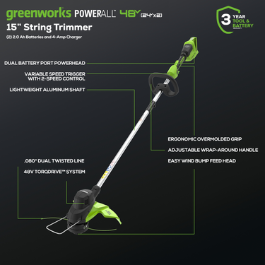 48V (24V x 2) 15" Cordless Battery TORQDRIVE™ String Trimmer w/ (2) 2.0Ah USB Batteries & Charger