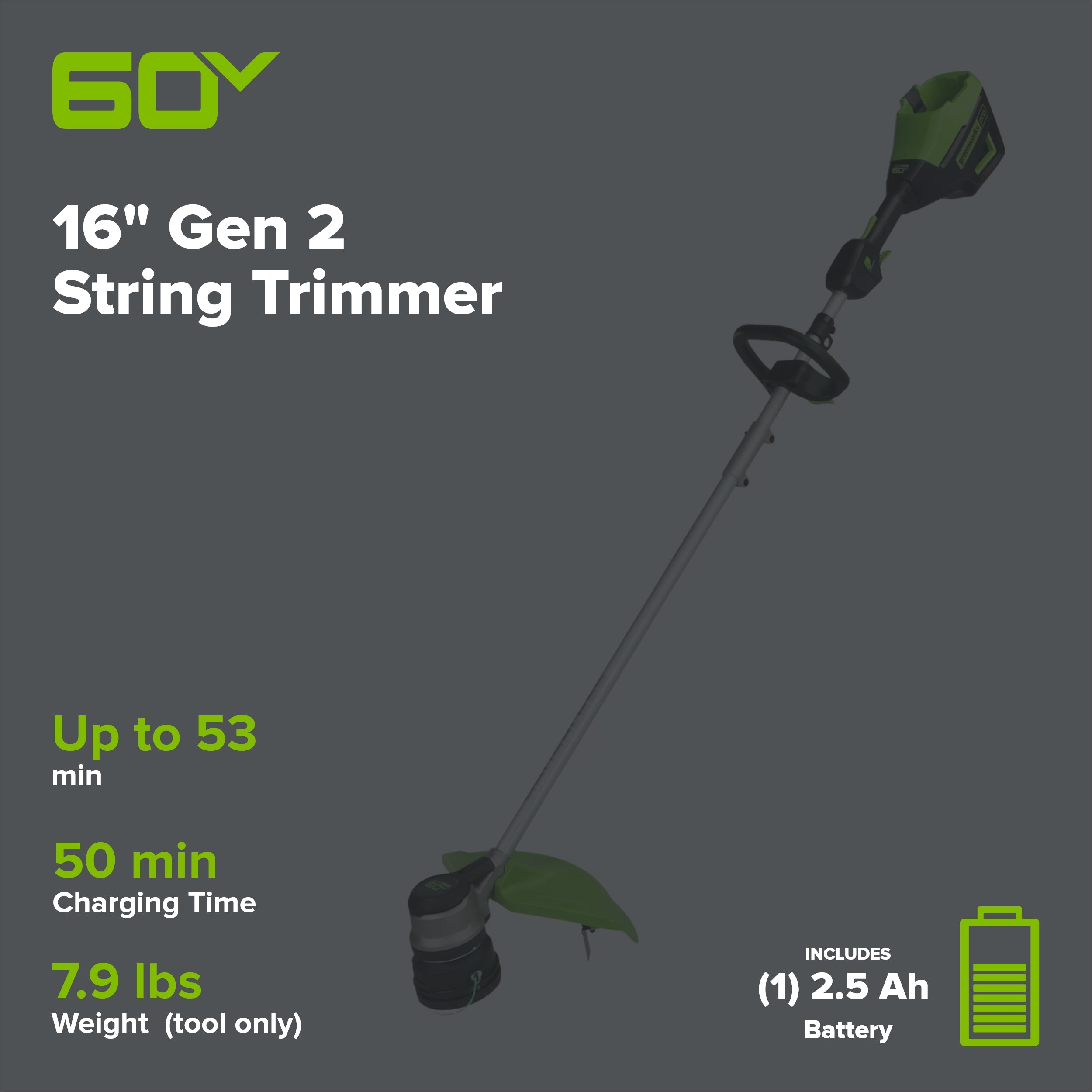 60V 16" Gen2 Cordless Battery String Trimmer: 2.5 Ah Battery and Charger
