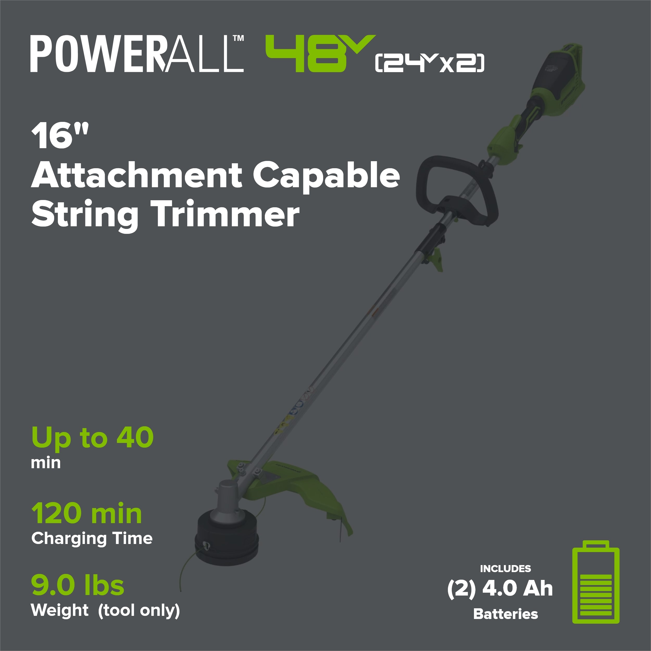 48V (24V x 2) 16" Cordless Battery String Trimmer (Attachment Capable): (2) 4.0 Ah USB Batteries and Dual-Port Charger