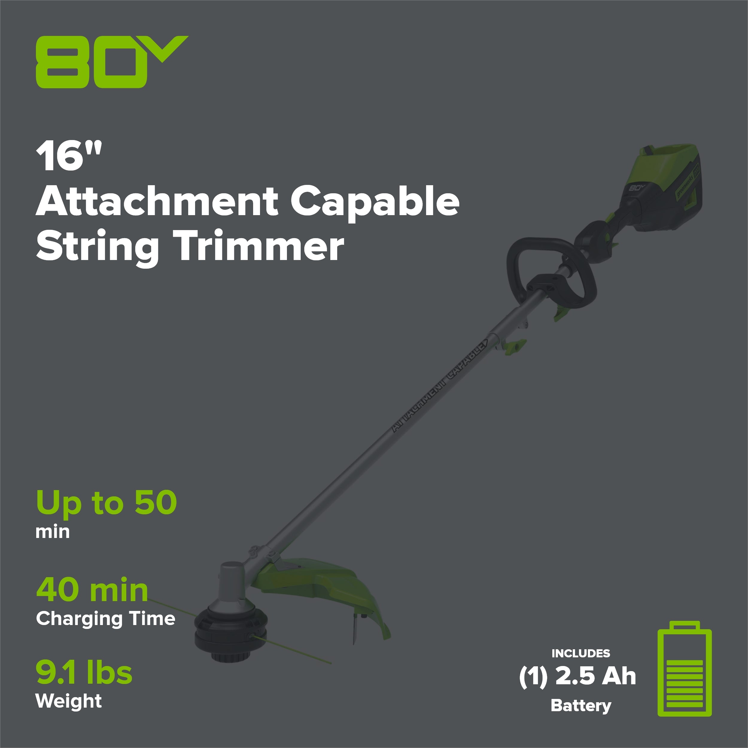 80V 16" Cordless Battery String Trimmer (Attachment Capable) w/ 2.5 Ah Battery & Charger