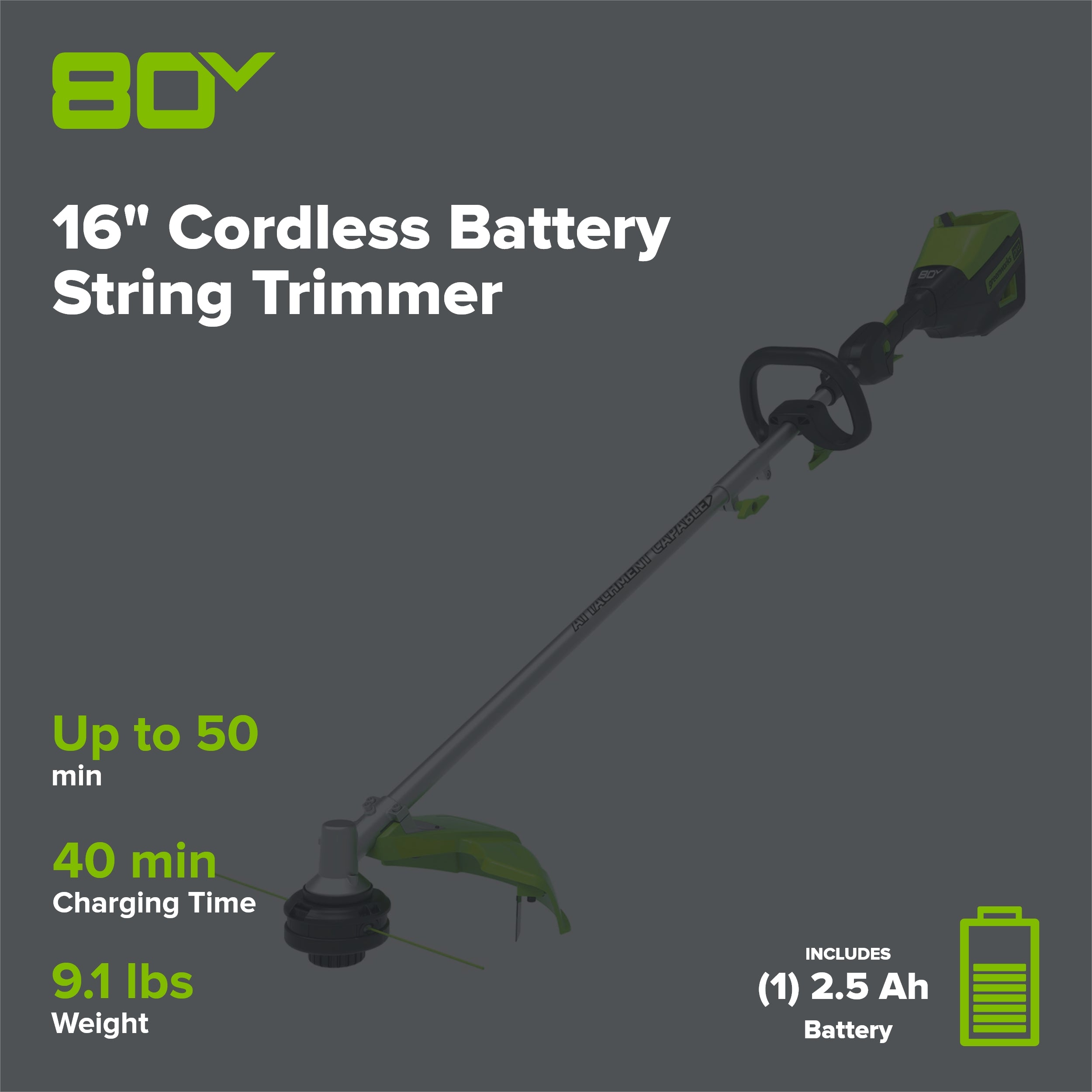 80V 16" Cordless Battery String Trimmer (Attachment Capable) w/ 2.5 Ah Battery & Charger