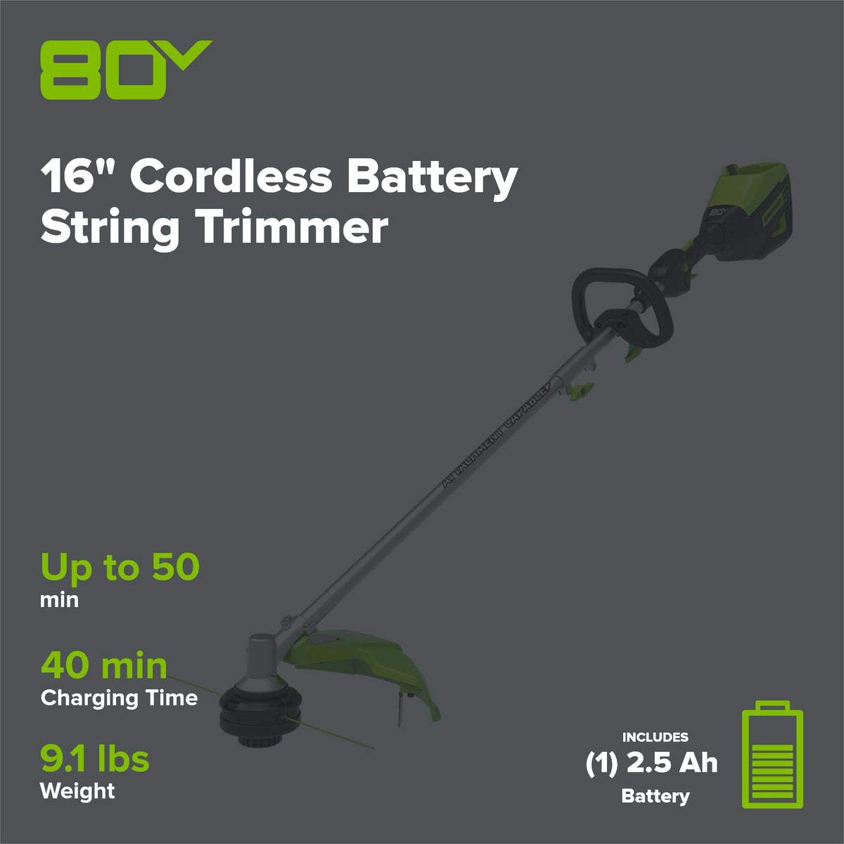 80V 16" Cordless Battery String Trimmer (Attachment Capable) w/ 2.5 Ah Battery & Charger