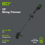 80V 13" String Trimmer: 2.0 Ah Battery and Charger