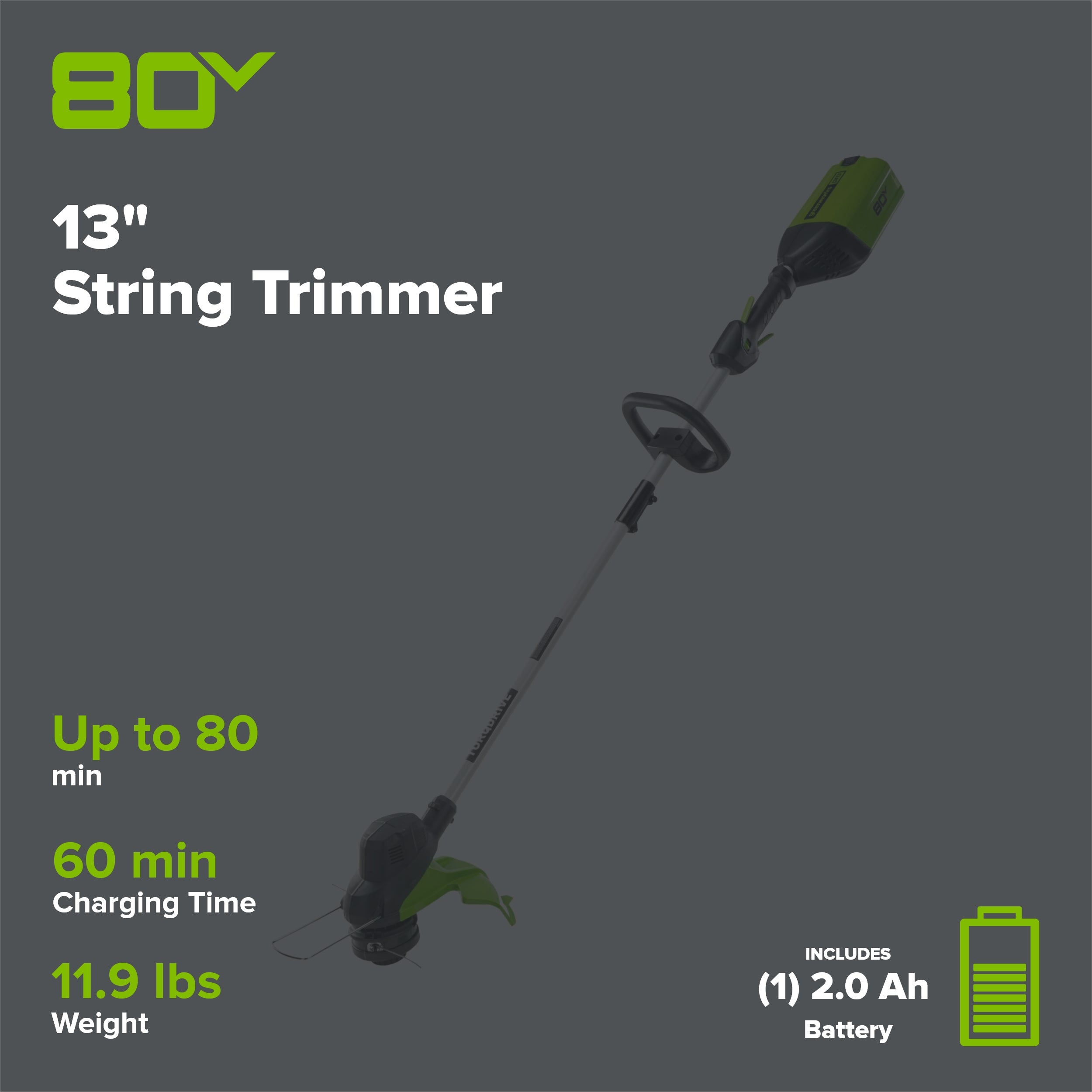 80V 13" String Trimmer: 2.0 Ah Battery and Charger