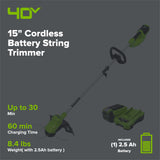 40V 15" Cordless Battery String Trimmer, 2Ah Battery and Charger