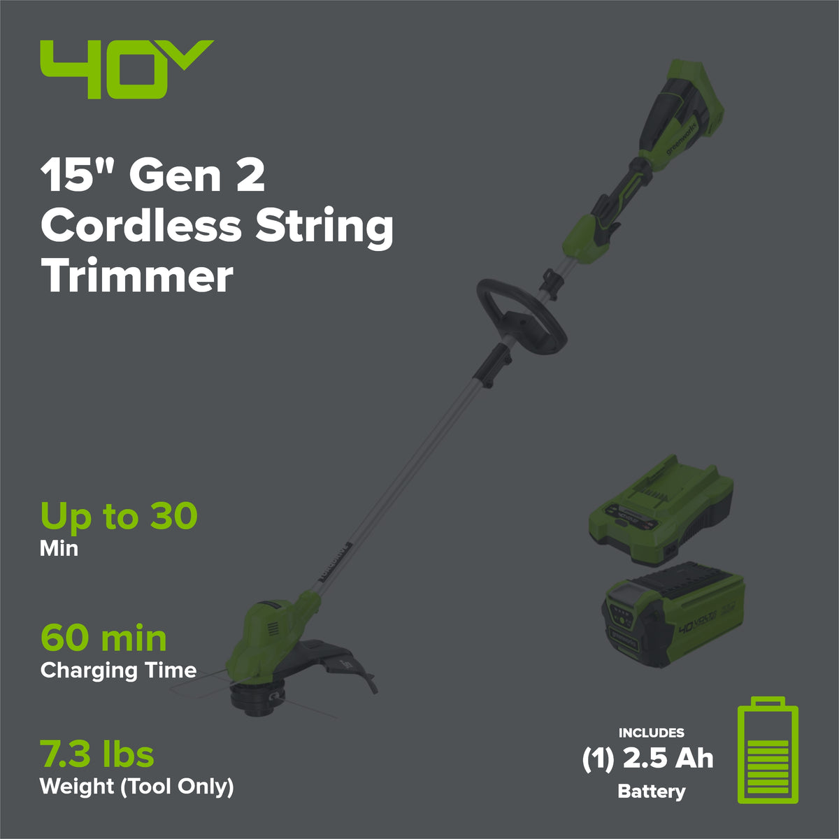 40V 15" Gen 2 Cordless String Trimmer: 2.0 Ah Battery and Charger