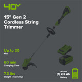 40V 15" Gen 2 Cordless String Trimmer: 2.0 Ah Battery and Charger