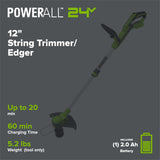 24V 12" Cordless Battery String Trimmer and Edger: 2.0 Ah USB Battery and Charger