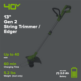 40V 13" Gen 2 Cordless Battery String Trimmer / Edger: 2.0 Ah USB Battery and Charger
