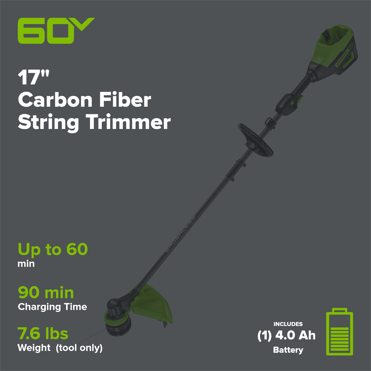 60V 17" Cordless Battery Brushless String Trimmer, Carbon Fiber Shaft: 4.0 Ah Battery and Charger
