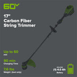 60V 17" Cordless Battery Brushless String Trimmer, Carbon Fiber Shaft: 4.0 Ah Battery and Charger