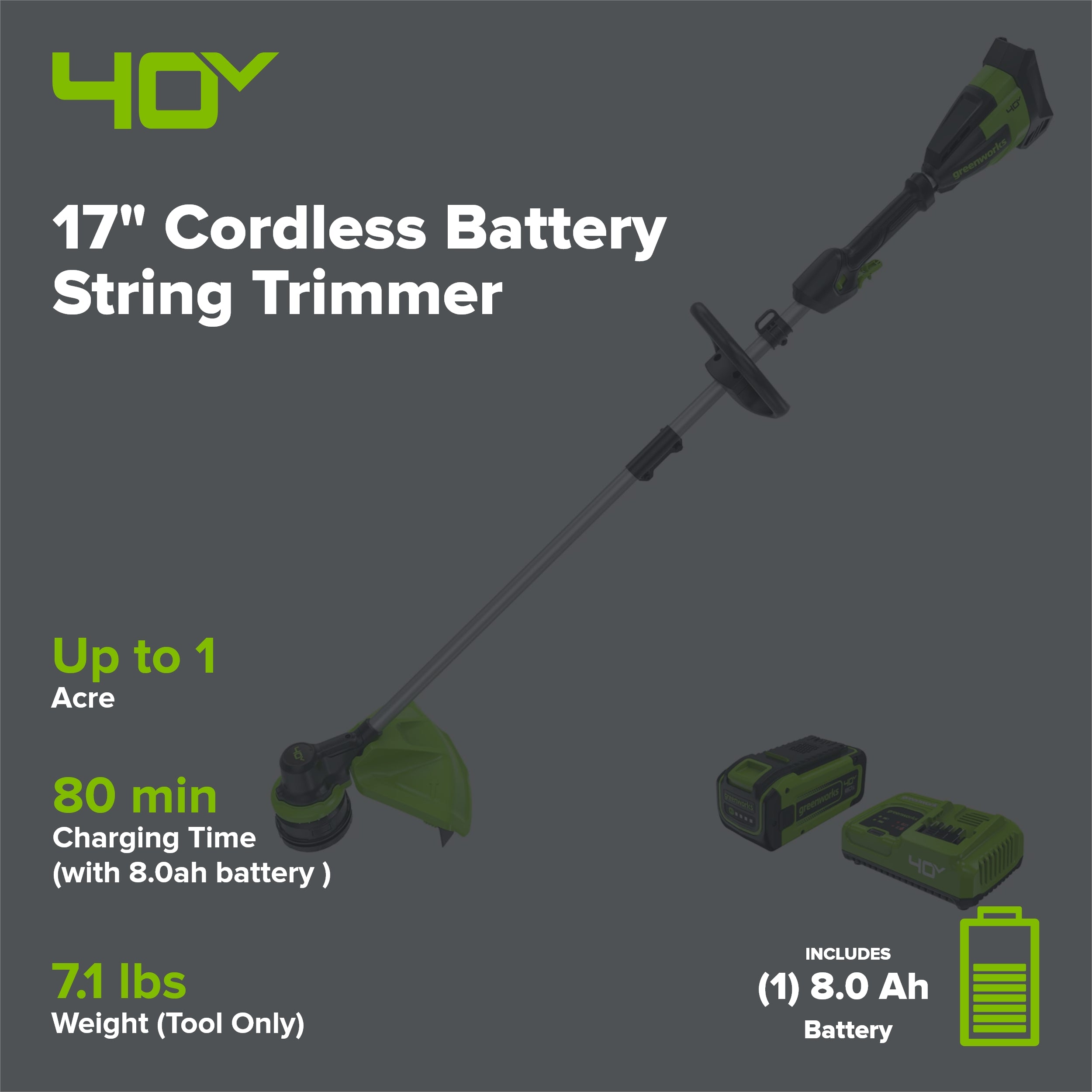 40V 17" Cordless Battery String Trimmer, 8.0 Ah Battery and Charger