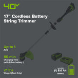 40V 17" Cordless Battery String Trimmer, 8.0 Ah Battery and Charger
