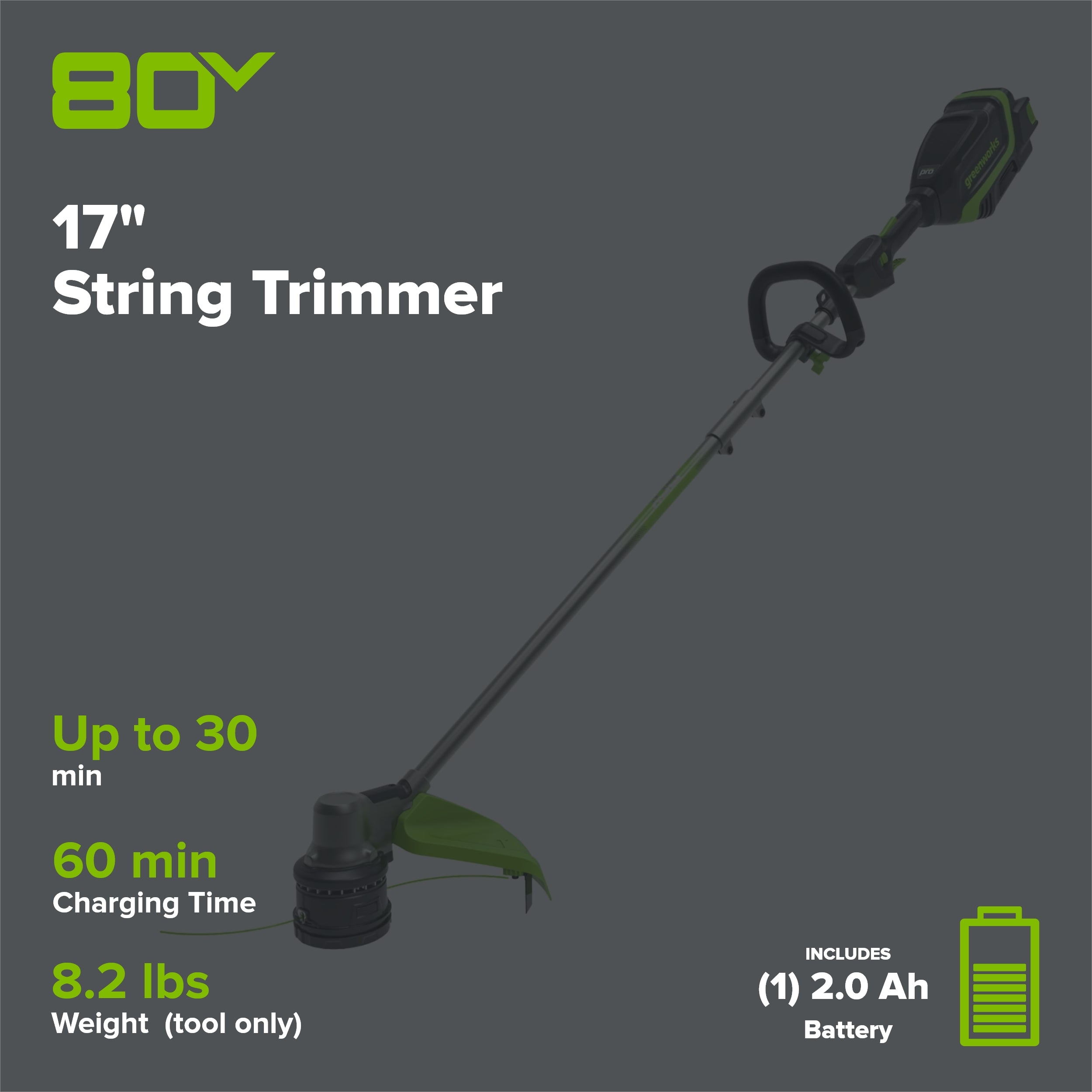 80V 17" Brushless String Trimmer: 2.0 Ah Battery and Charger