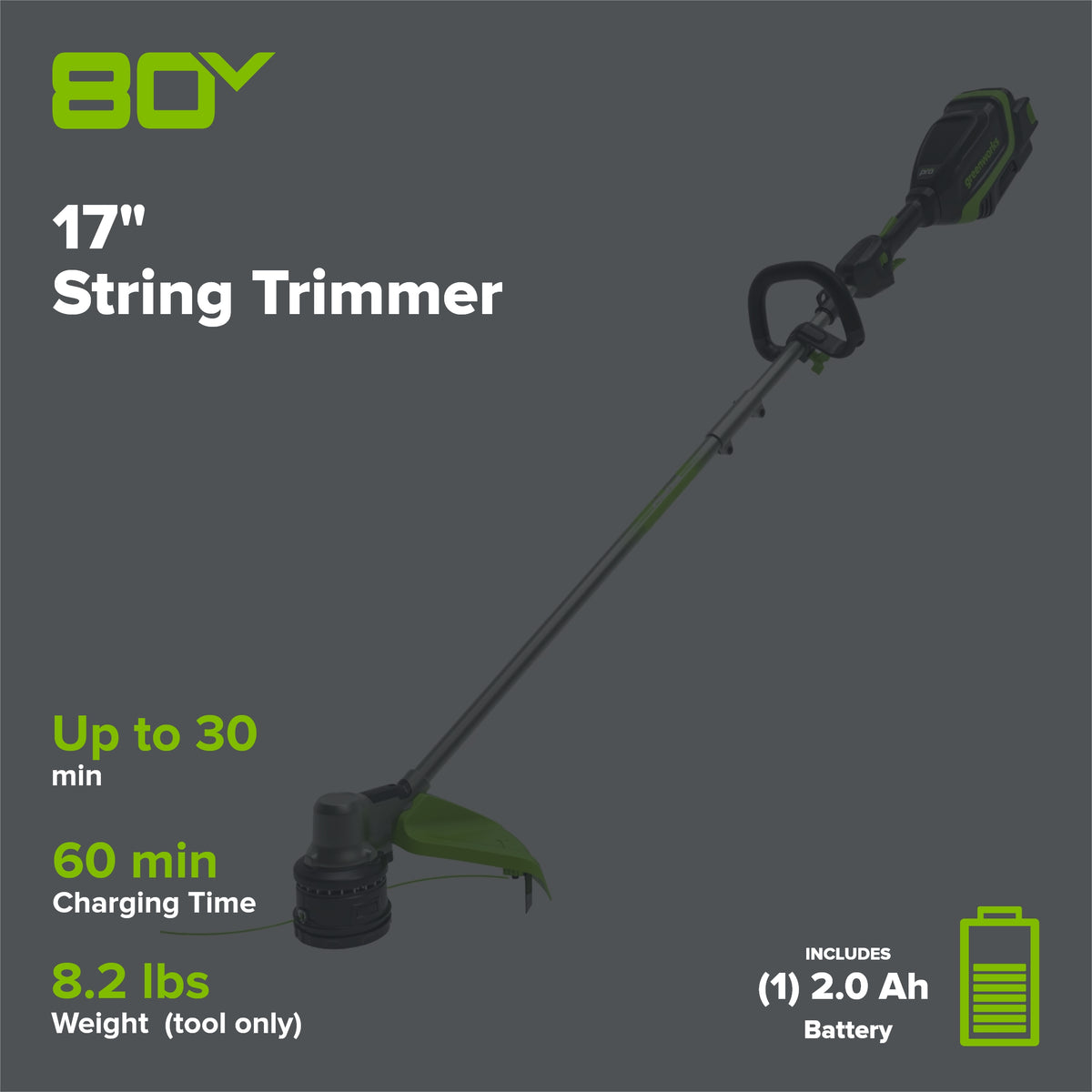 80V 17" Brushless String Trimmer: 2.0 Ah Battery and Charger